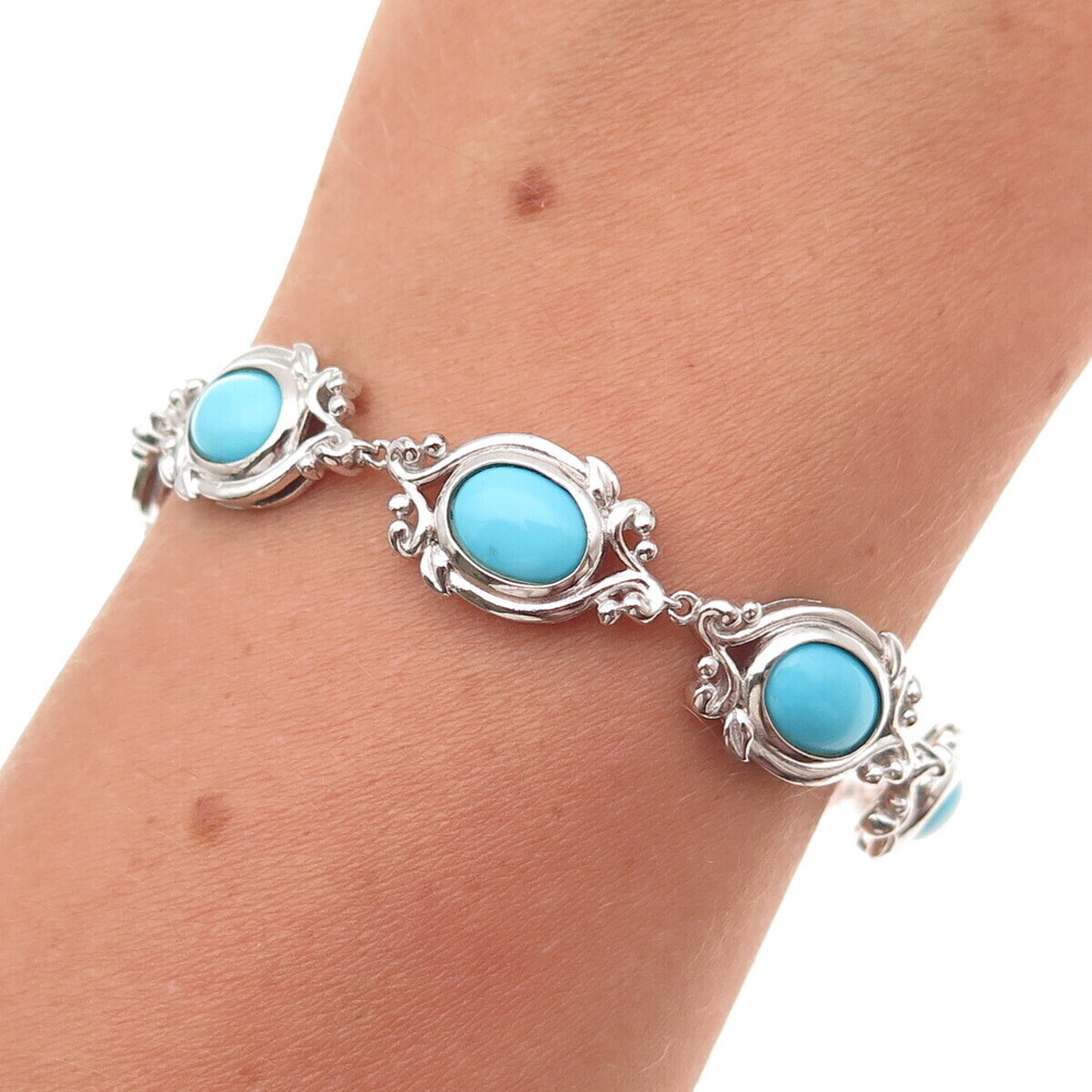 925 Sterling Silver Real Tyrone Turquoise Floral Bracelet 6.75-7.75"